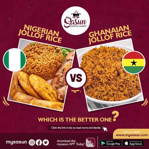 Nigerian Jollof versus Ghanaian Jollof Rice comparison with country flags.