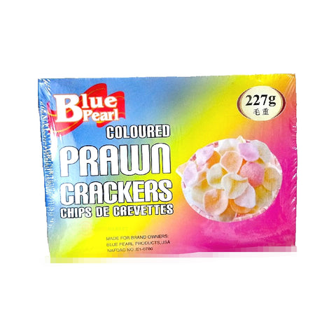 BluePearl Prawn Cracker packaging, 227g, colorful crispy seafood snacks.