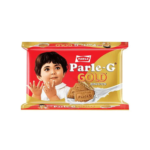 Parle-G Gold Biscuits 156g pack with iconic child image and crispy biscuits spilling milk.