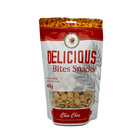 Delicious Bite Chin Chin snack bag, crunchy West African treat, 445g packaging.