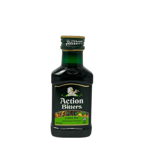 Action Bitters wine-colored spirit bottle with logo and label.