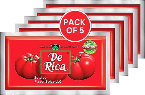 Pack of 5 De Rica Tomato Paste Sachets, made from ripe Italian tomatoes, gluten-free and natural.