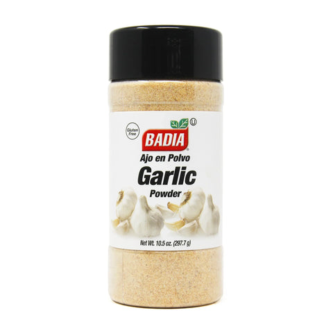 Badia Garlic Powder 10.5oz bottle with black lid and white label featuring garlic bulbs and gluten-free icon