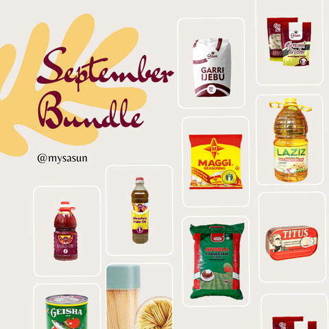 September Bundle with Garri Ijebu, Ayoola Poundo, Sasun and Bleached Palm Oil, Maggi seasoning, Laziz Vegetable Oil, Titus Sardines, and Geisha tomatoes.