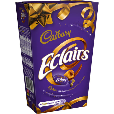 Cadbury Eclairs Jumbo 350g box with purple and gold design, featuring caramel-filled chocolate candies.