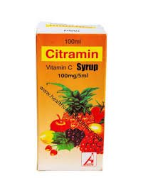 Citramin Vitamin C syrup 100mg/5ml in orange packaging with fruit images