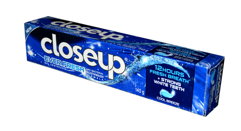 Closeup Everfresh toothpaste 140g tube with minty flavor for long-lasting freshness and plaque prevention.
