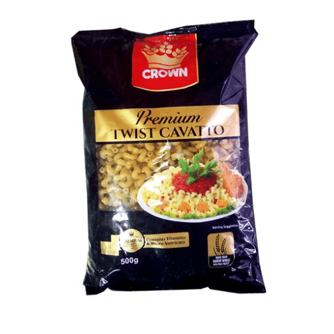Crown Twist Pasta 500g premium twist cavatto pasta in black packaging with serving suggestion image