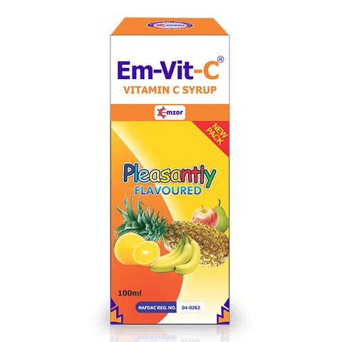 Emvite Vitamin C syrup with fruit flavor packaging.