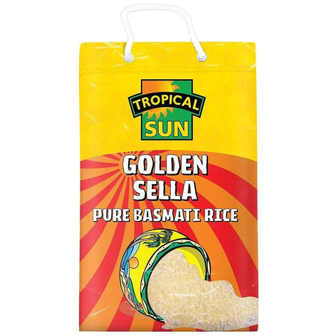 10kg bag of Tropical Sun Golden Sella Pure Basmati Rice with vibrant packaging and premium quality grains