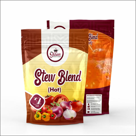 Sasun Stew Blend packaging featuring non-spicy ingredients including red bell peppers, Roma tomatoes, habanero, and onion.