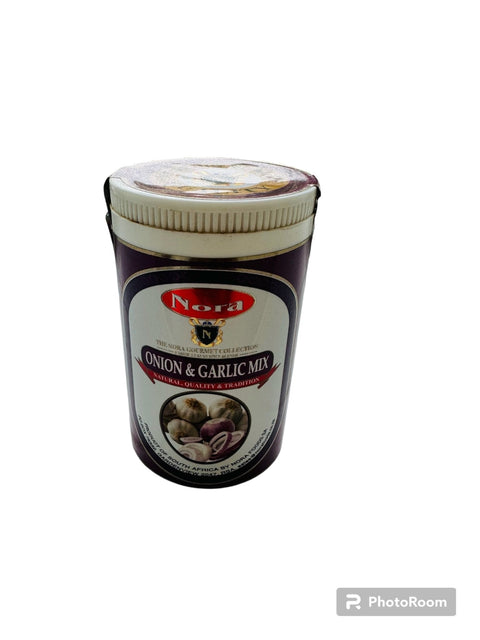 Nora Onion & Garlic seasoning jar with onion and garlic mix label