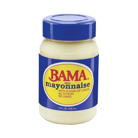 Bama Real Mayonnaise 8oz jar with blue lid and yellow label, creamy condiment for sandwiches and salads