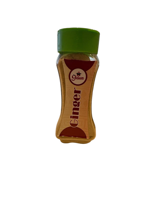 Mysasun Gunger powder in a clear plastic bottle with a green cap.