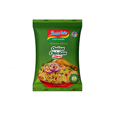 Indomie Onion Chicken Noodles instant noodles pack with chicken drumstick and onion toppings on green background