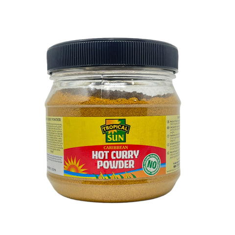 Jar of Tropical Sun Hot Curry Powder Caribbean spicy seasoning with yellow and red label