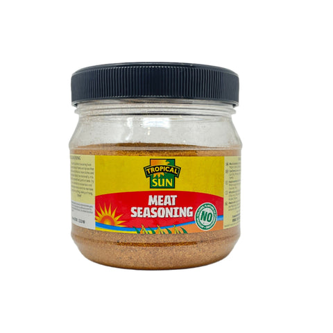 Tropical Sun Meat Seasoning jar with authentic Jamaican jerk spice blend for grilling and marinating meat and vegetables