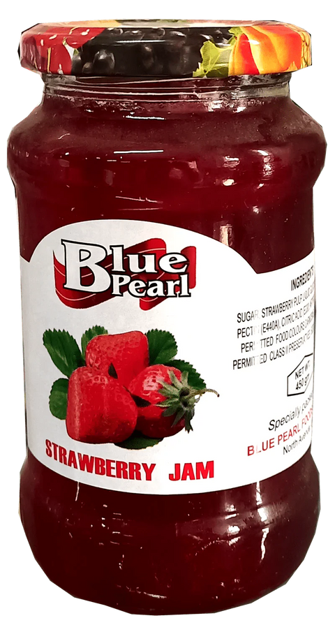Jar of Blue Pearl Strawberry Jam with vibrant red color and strawberry label