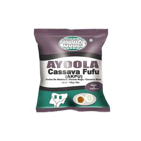 Ayoola Cassava Fufu Akpu packaging, ready-to-cook authentic West African dish.