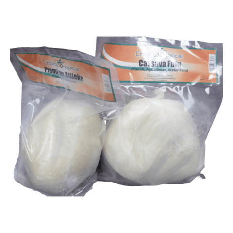 Choice Tropical Cassava Fufu Placali in clear packaging, traditional West African staple made from premium cassava flour.