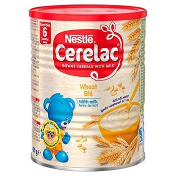 Nestlé Cerelac Wheat infant cereal 1kg container with wheat grains and blue bear mascot