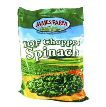 James Farm Chopped Spinach packaging, vibrant green vegetable product.