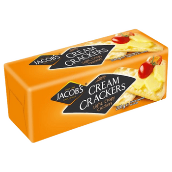 Jacobs Cream Crackers package showing crispy light crackers with cheese and tomato toppings
