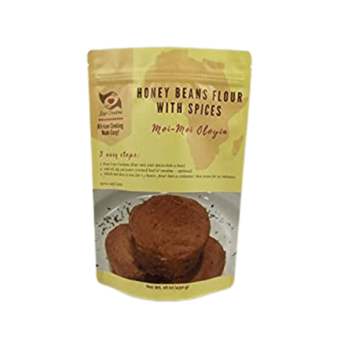 Layo Creations Moi-Moi Mix 430g honey beans flour with spices packaging and prepared moi moi dish