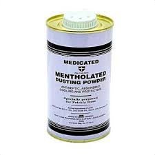 Medicated Mentholated Dusting Powder tin for antiseptic, soothing, and anti-fungal skin care preventing prickly heat and excessive sweating