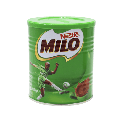 Nestle Milo 400g chocolate malt drink powder tin with a soccer player illustration on green packaging