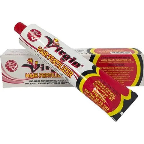 Virgin Hair Fertilizer tube with packaging, scalp moisturizer for hair growth.