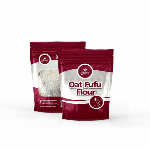 Sasun Oat Flour packaging featuring two red and white bags labeled Oat Fufu Flour with whole oats visible.