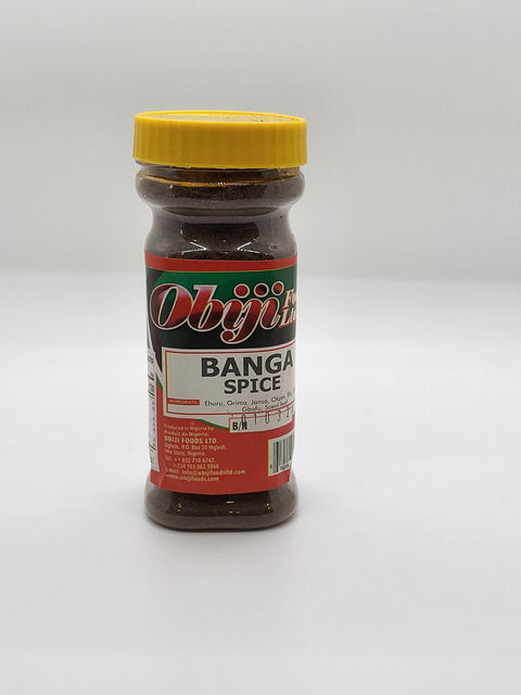 Obiji Banga Spice 4oz bottle with yellow lid and red label for West African cuisine cooking