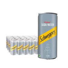 Schweppes Soda Water can with original silver and yellow design, pack of multiple cans in the background