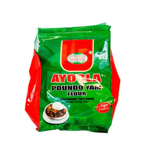 Ayoola Poundo Yam Flour 1lb packaging in green and red colors.
