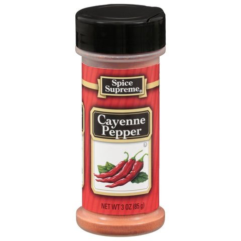 Spice Supreme Cayenne Pepper ground spice bottle with red label and black cap