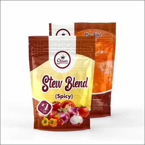 Sasun Stew Blend packaging featuring non-spicy ingredients including red bell peppers, Roma tomatoes, habanero, and onion.