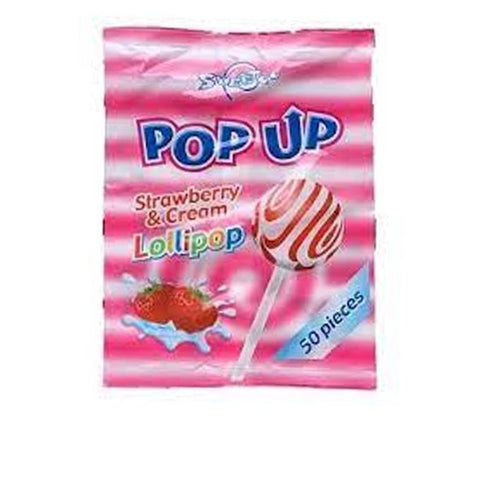Sweetco Pop Up strawberry and cream lollipop packaging with 50 pieces on pink striped background
