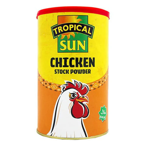 1kg Tropical Sun Chicken Stock Powder container with yellow and orange label and red lid