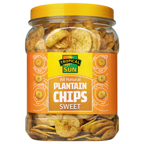 Tropical Sun sweet plantain chips in a 15oz clear jar with yellow lid and orange label