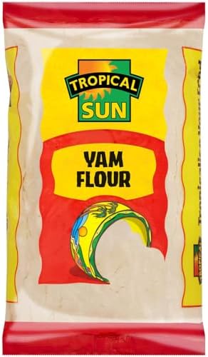 Tropical Sun Yam Flour package made from 100% premium yams, gluten-free and ideal for traditional African and Caribbean dishes.