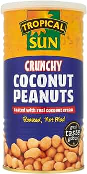 Tropical Sun Coconut Crunchy Peanuts 330g can with roasted coconut coated peanuts snack