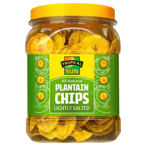 Tropical Sun Plantain Chips in a clear jar with a yellow lid, lightly salted and labeled green packaging
