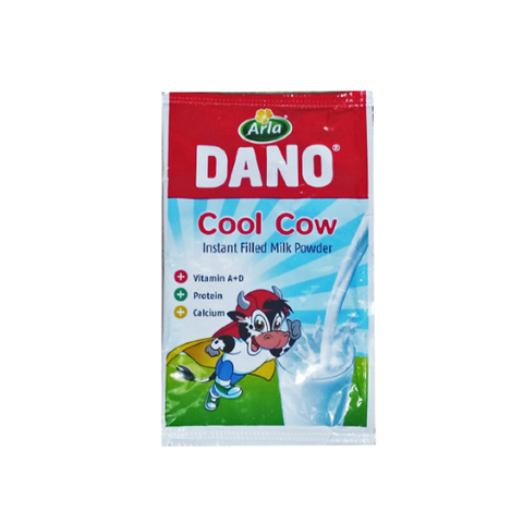 Dano Powder Milk 12g sachet pack of 10 with vibrant packaging, rich in protein, calcium, vitamin A, and D3.