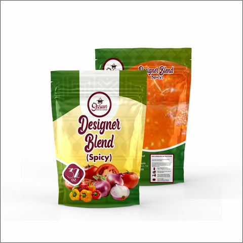 Sasun Designer Stew Blend packaging featuring a mild non-spicy blend with peppers, tomatoes, and onions.