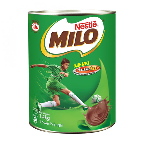 Nestle Milo 1.4kg can with chocolate malt drink powder and soccer player illustration