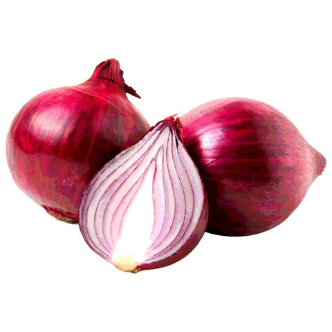 Bag of red onions showing whole and sliced vibrant red onions for cooking and salads