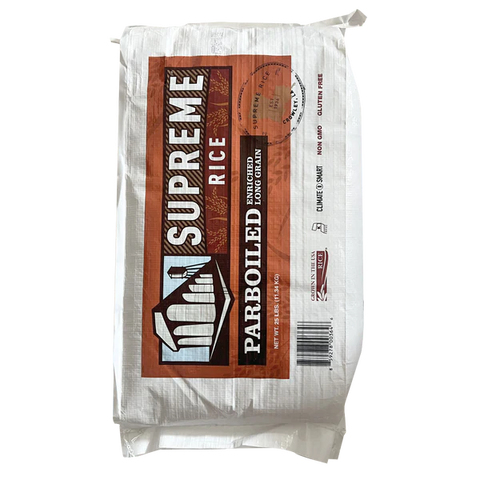 Supreme Par Boiled Rice bag with premium long grain, enriched for firm and fluffy cooking results