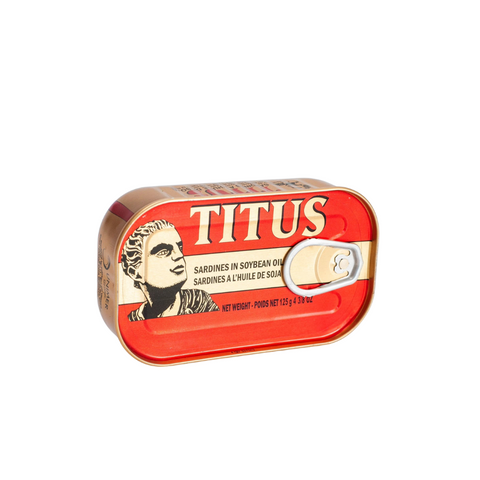 Titus Sardine 125g canned sardines in soybean oil with red and gold packaging