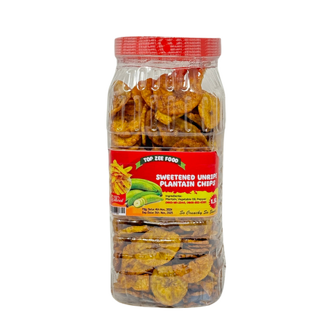 Top Zee Plantain Chips in a clear plastic container.